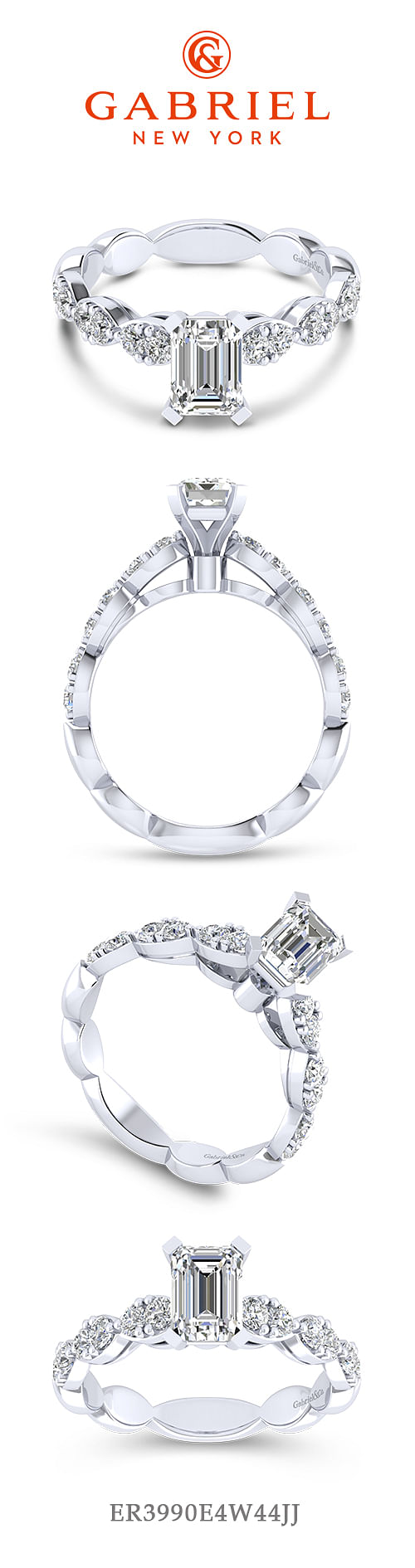 14K White Gold Emerald Cut Diamond Engagement Ring angle 